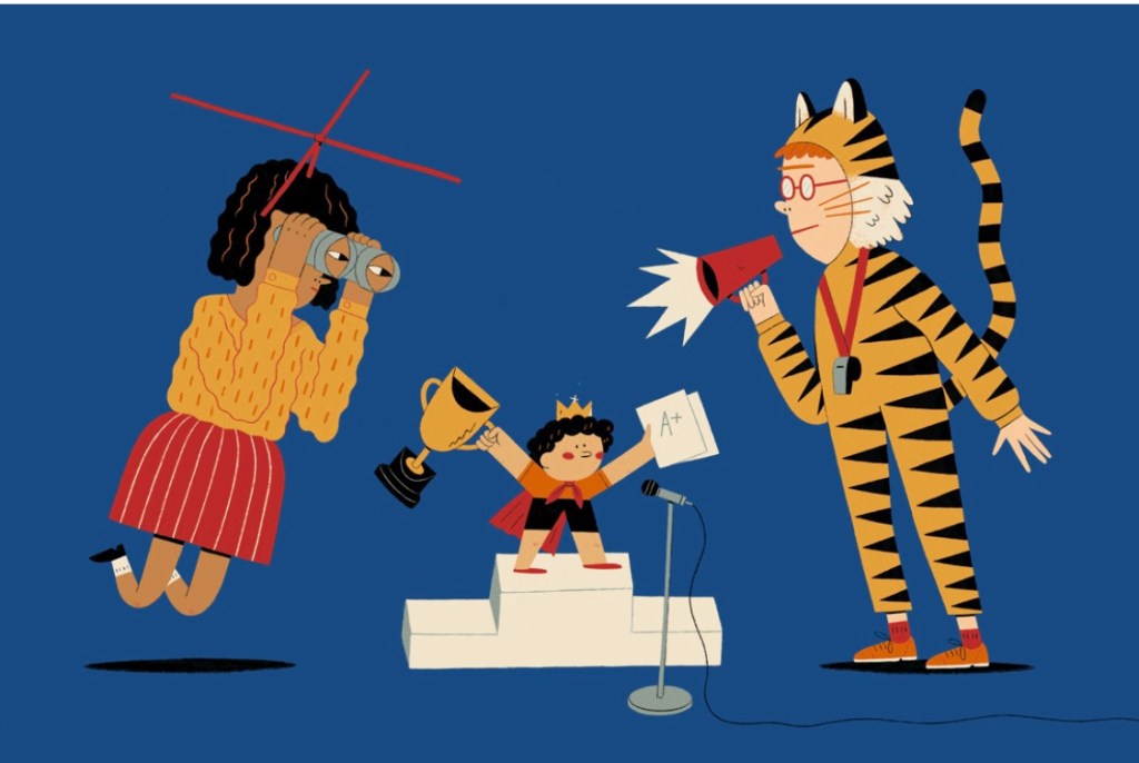 Cartoon of child winning prize with a tiger parent on one side and a lighthouse parent on the other.